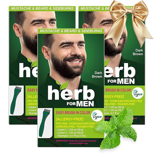 Herb For Men Mustache & Beard Dye, PPD-Free Ammonia-Free, Vegan with Natural Ingredients, Odorless, Gentle for Sensitive Skin, No Skin Irritation (3 Pack)