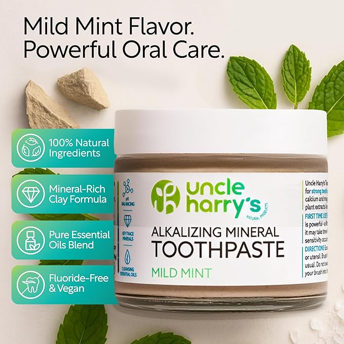 Uncle Harry's Mild Mint Remineralizing Toothpaste | Natural Whitening Freshens Breath & Promotes Enamel | Vegan Fluoride Free Toothpaste, 3 Oz (4 Pack)