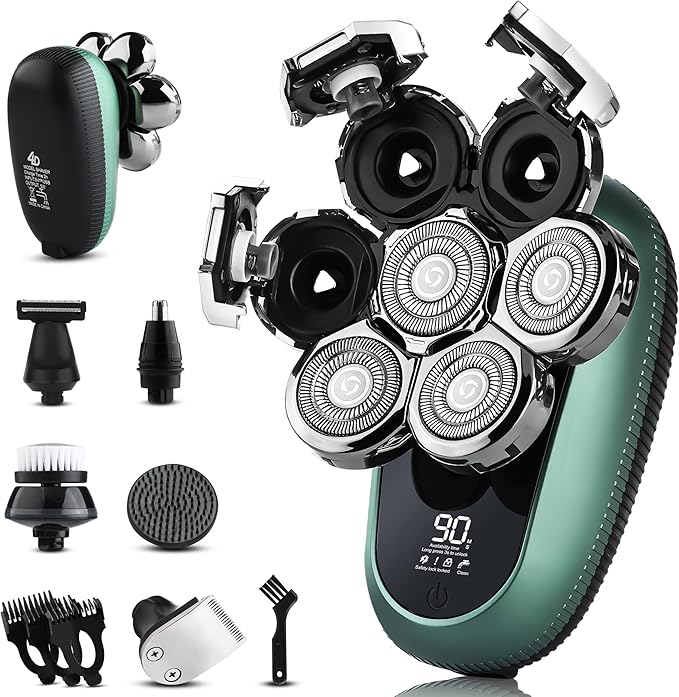 7D Head Shavers for Bald Men - Toncoke Detachable Electric Razor Grooming Kit with Nose Hair Trimmer, IPX6 Waterproof Wet Dry Use LED Display USB-C Rechargeable 6-in-1 Rotary Shaver for Smooth Shaving