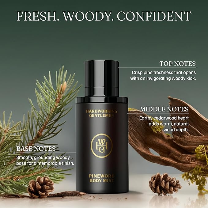 Hardworking Gentlemen Pinewood Body Mist For Men, 3.38 oz | 100 ml - A Clean Wood-Fresh Scent with Crisp Pinewood Notes - Made in the USA