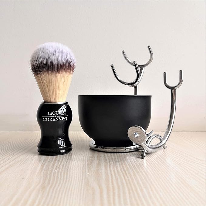 JEQUIL&CORENVEO Deluxe Shaving Kit for Men, 3 in 1 Shaving Set Includes Shaving Brush, Shaving Bowl, Razor & Brush Holder