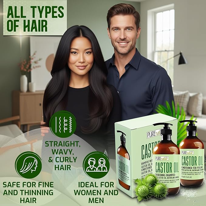 Castor Oil Shampoo and Conditioner Set - Sulfate Free - Volume Thickening Products for Fine, Thinning Hair - Anti Breakage and Volumizing, Thick Professional Salon Formula - 16 Fl Oz (Set of 2)