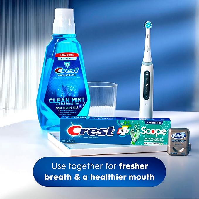Crest + Scope Whitening Toothpaste - Pack of 3, 5.4 Oz Tubes - Anticavity Fluoride Toothpaste, Fresh Breath, Kills Germs - Tartar Protection, Enamel Protection - Minty Fresh Flavor