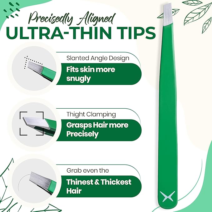 Professional Slant Tip Eyebrow Tweezers for Women & Men – Precision Hair Removal Tool – Stainless Steel Tweezers for Eyebrow Shaping, Facial Hair, Ingrown Hair & Splinter Removal (Jade Green)