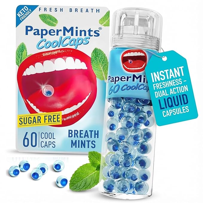 PaperMints CoolCaps Breath Mints Peppermint - Dual Action Liquid Capsules for Instant Fresh Breath Freshener, Fast-Dissolves, Sugar-Free Mint Capsules - 3 pack of 60 pieces - 180 Total