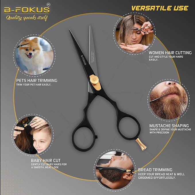 5.5” Hair Cutting Scissors for Hair, Mustache & Beard - Black Mustache and Beard Scissors for All Type Facial Hairs, Beard and Mustache Scissors with Pouch, Tweezers, Beard Comb and Mustache Comb.