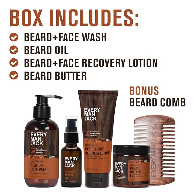 Every Man Jack Beard Essentials Gift Set for Men – Complete Routine with 5 Full-Size Essentials – Aged Bourbon Scent - Beard & Face Wash, Lotion, Oil, Butter & Comb