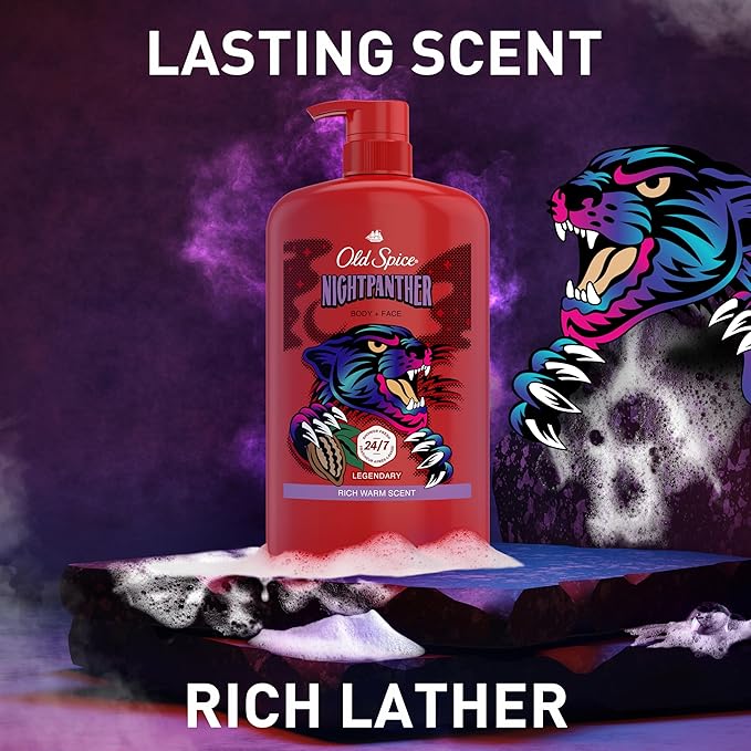 Old Spice Cleansing Body Wash for Men, 3X Defense, 24/7 Shower Fresh with Lasting Scent, 2-in-1 Body & Face Wash, NightPanther with Rich Warm Scent, 33.4 oz