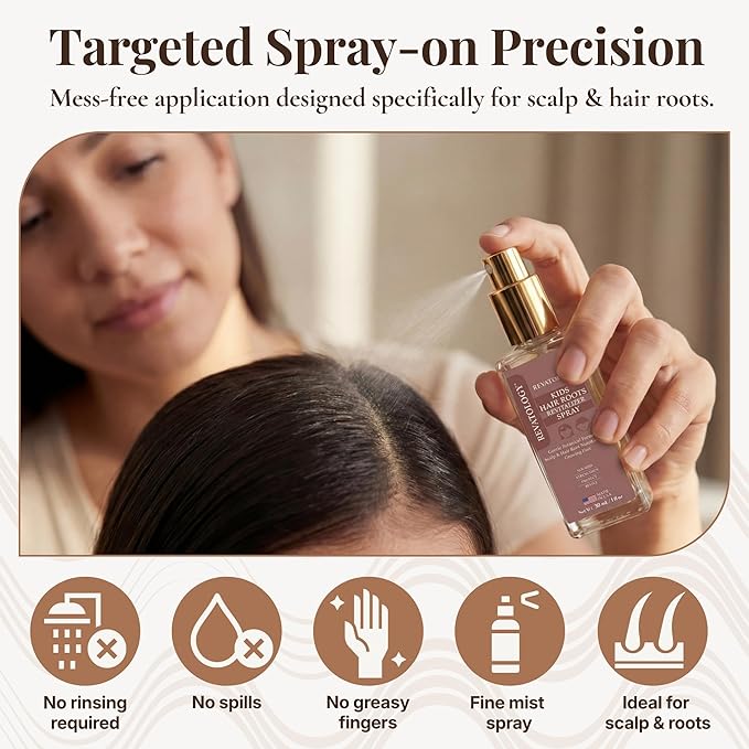 REVATOLOGY Kids Hair Roots Revitalizer Spray Gentle Botanical Scalp & Root Nutrition for Growing Children Helps Maintain Healthy Hair, Lightweight, Non-Greasy, Fast-Absorbing Made in USA – 1 fl oz