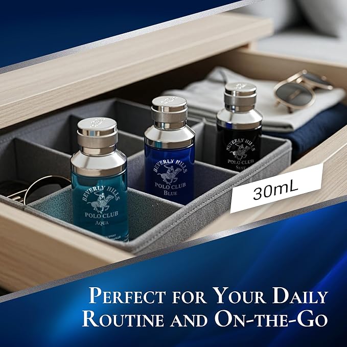 Beverly Hills Polo Club Men’s Eau de Toilette Gift Set – 3 Piece Slider Collection (Aqua, Blue & Sexy) – Long-Lasting EDT Fragrance Trio for Men – Compact Travel-Friendly Bottles – 3 x 1 oz / 30 ml