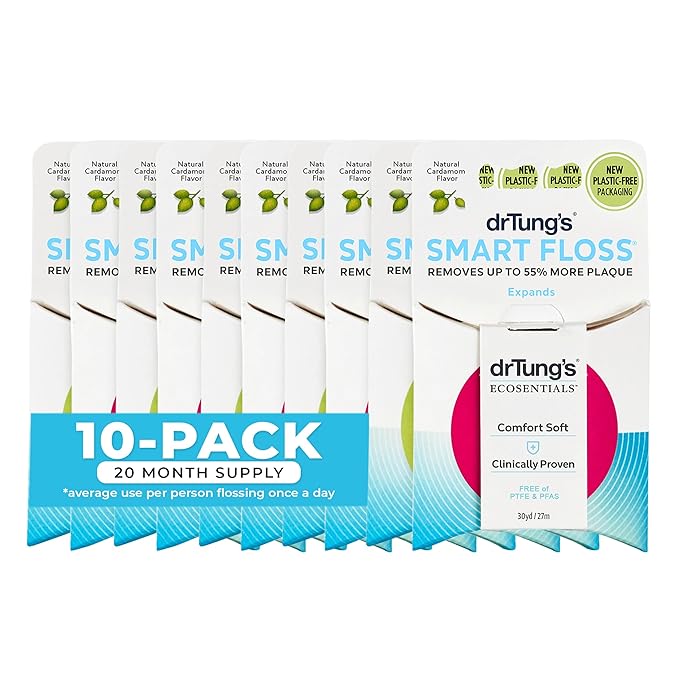 DrTung's Smart Floss - Natural Floss, PTFE & PFAS Free Floss, Gentle on Gums, Expands & Stretches, BPA Free - Cardamom Flavor, Colors Vary (10 Pack)