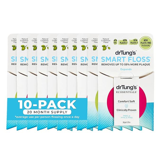 DrTung's Smart Floss - Natural Floss, PTFE & PFAS Free Floss, Gentle on Gums, Expands & Stretches, BPA Free - Cardamom Flavor, Colors Vary (10 Pack)
