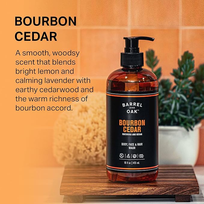 Barrel & Oak All-in-One Wash for Face, Hair, & Body, Vegan & Hydrating Face, Shampoo and Body Wash for Men, Grooming Kit Gifts for Men, Bourbon Cedar, 16 oz
