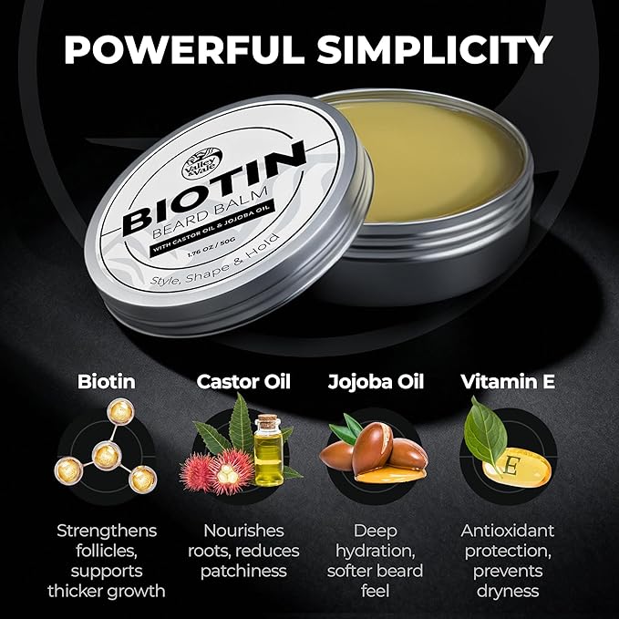 Biotin Beard Balm for Men – Made in USA – Beard Growth & Moisturizer with Castor Oil & Jojoba Oil – Organic Styling Wax for Thickening & Softening – Mustache Conditioner