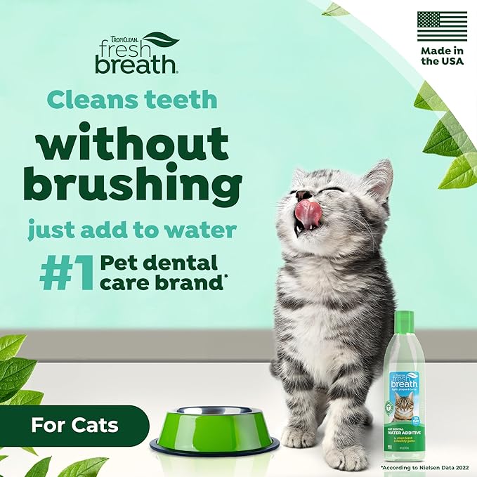 TropiClean Fresh Breath Oral Care Water Additive for Cats, 8oz - Dental Health Solution - Cat Breath Freshener - Plaque & Tartar Defense - Made in USA with Naturally Derived Ingredients