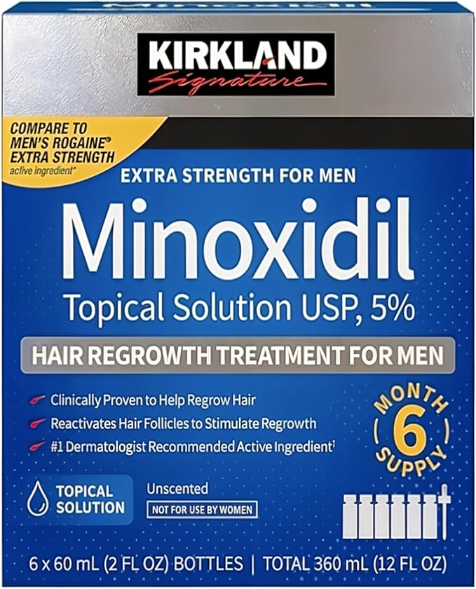 KIRKLAND Signature Minoxidil 5% Hair Regrowth Treatment for Men | 6 Months Supply | Topical Solution | Extra Strength | Clinically Proven | Unscented Drops | Dropper Included