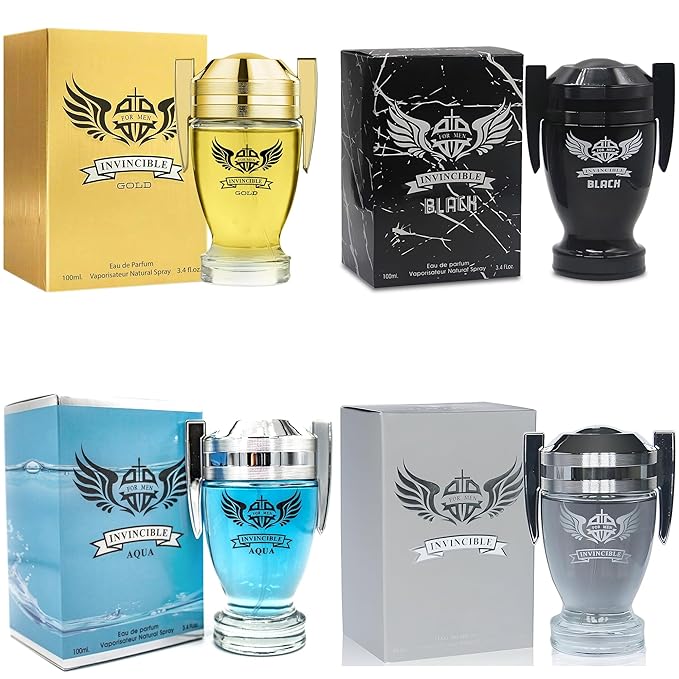Men's Cologne Gift Set 4 Pack Invincible Series - 3.4 Fl Oz Each | Vanilla Bourbon, Leather & Amber Floral Fragrance | Luxury Eau de Toilette Quartet