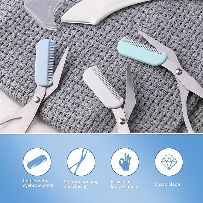 3pcs-Eyebrow Scissors with Eyebrow Razor,Professional Eyebrow Trimmer Scissors with Comb,Non Slip Finger Grips Eyebrow Trimmer, Hair Removal Beauty Accessories for Men Women (Green,Blue,white)