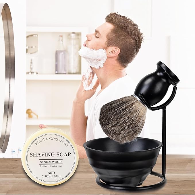 JEQUIL&CORENVEO Shaving Brush Set for Men, Pure Badger Hair Shaving Brush with Soap, Stand and Bowl