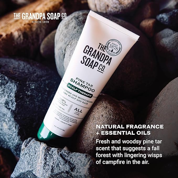 The Grandpa Soap Company Pine Tar Shampoo - Cleanses and Moisturizes Dry Scalp, With Pine Tar and Tea Tree Oil, All Hair Types, Vegan, Sulfates and Parabens Free, 8 Fl Oz