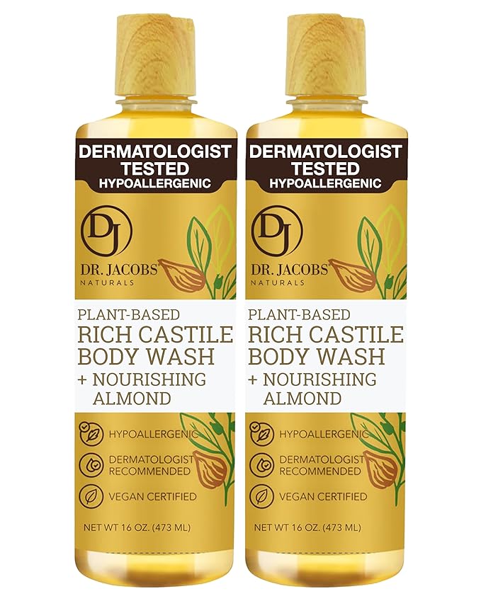 Dr. Jacobs Naturals Pure Castile Soap Liquid Body Wash, Almond - Plant Based Castile Soap Infused with Vitamin E and Aloe Vera to Moisturize Dry and Sensitive Skin - Made in The USA - 16 oz, Pack of 2