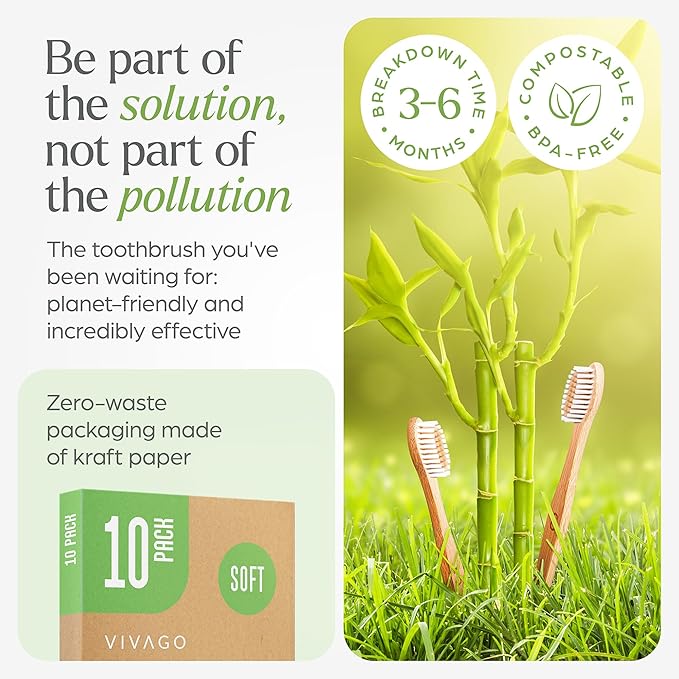 Bamboo Toothbrushes 10 Pack - BPA Free Soft Bristles Toothbrushes, Eco-Friendly, Natural Wooden Toothbrush