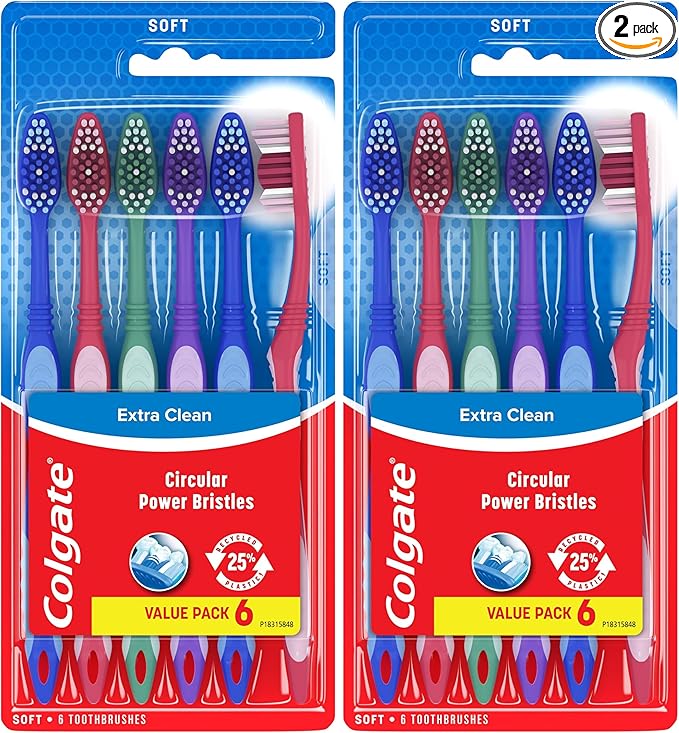 Colgate Extra Clean Toothbrush, Soft Toothbrush for Adults, 6 Count (Pack of 2), Packaging May Vary