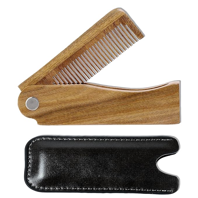 All-Natural Wooden Beard Comb with Sandalwood w/Carrying Pouch for Hair, Beards, and Mustaches. Excellent for removing knots and free of pulls and static.