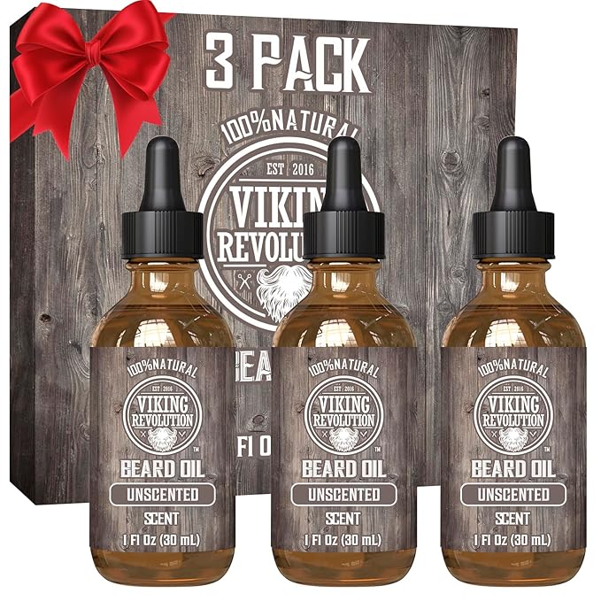 Viking Revolution Beard Oil for Men - Unscented - Natural Mens Beard Oil with Argan Oil and Jojoba Oil - Beard Softener, Strengthens and Moisturizes - Beard Conditioner for Men (3 Pack, 3 Fl Oz)