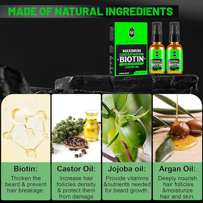 Beard Oil,Maximun Thickening Biotin, with Castor Oil and Argan & Jojoba Oils, Promotes Beard Growth, Styles, Strengthens & Softens Beards & Mustaches,1 Ounce*2（2 Pack）