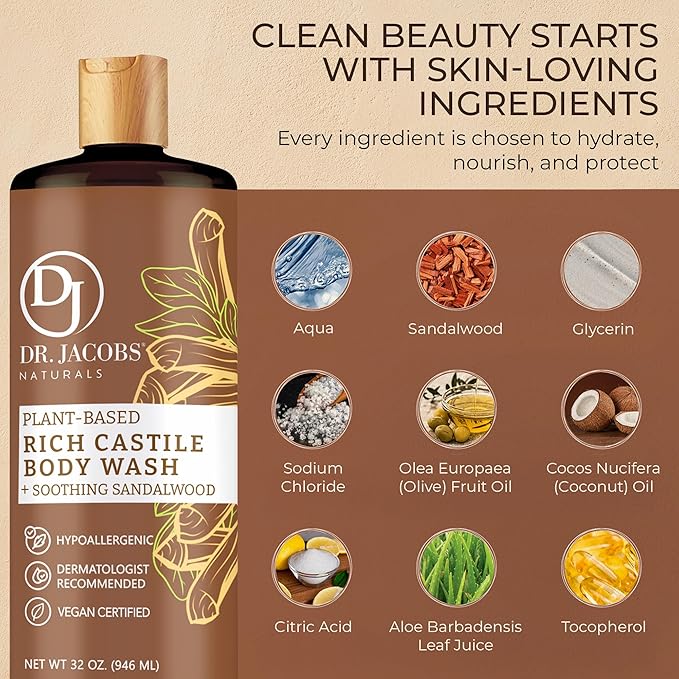 Dr. Jacobs Naturals Pure Castile Soap Liquid Body Wash, Sandalwood - Plant Based Soap Infused with Vitamin E and Aloe Vera to Moisturize Dry and Sensitive Skin - Made in The USA - 32 oz, Pack of 3