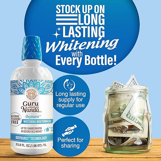 GuruNanda Oxyburst Teeth Whitening Mouthwash – Alcohol & Fluoride Free, with Hydrogen Peroxide & 7 Essential Oils, Value Size for Regular Use, Wild Mint, 1 Liter/33.8 fl oz