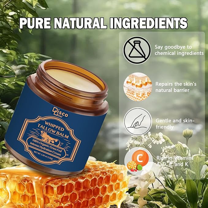 100% Grass Fed Whipped Beef Tallow Balm, Ultra Moisturizing Skin Cream for Face, Body Hands, Natural Skincare with Honey Coconut Oil Olive Oil and Avocado Oil for All Skin