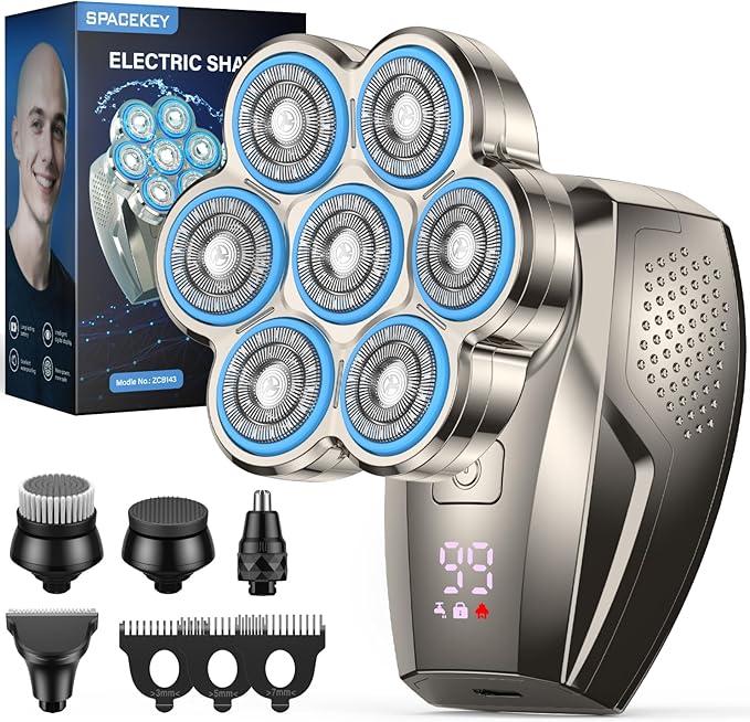7D Head Shavers for Bald Men, 5-in-1 Magnetic Detachable Head Shaver, IPX7 Waterproof Electric Razor for Wet/Dry Use, Shaving Grooming Kit for Balder, LED Display, Type-C Charge