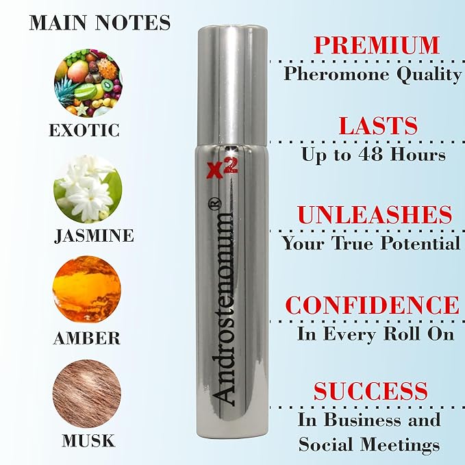 ANDROSTENONUM X2 Pheromone for Men - Male Pheromones Cologne - Extra Strong Pheromone Gift for Him – Musk, Exotic Fruits and Amber Scent - Roll-On 0.27 Fl. Oz