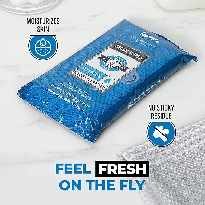 Game Face Grooming Cleansing Wipes - 25 Hydrating Facial Wipes (6 Pack) | On-The-Go, Lightly Scented, Rejuvenating, Eradicates Sweat | Perfect for Athletic, Sport, Travel, Camping, Festivals, Any Need