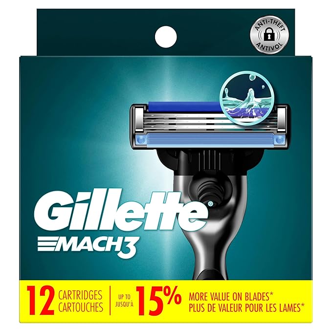Gillette Mach3 Razor Refills for Men, 12 Razor Blade Refills