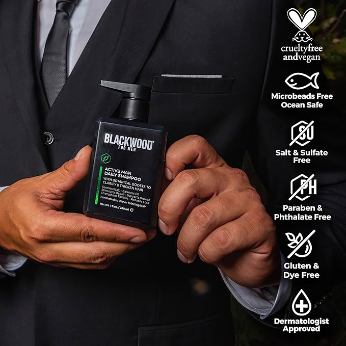 BLACKWOOD FOR MEN Active Man Daily Shampoo - Thickening & Clarifying Shampoo for Normal to Oily Hair or Scalp - Fights Hair Loss - Natural Vegan Formula - Sulfate Free with Ginseng & Aloe Vera (7oz)