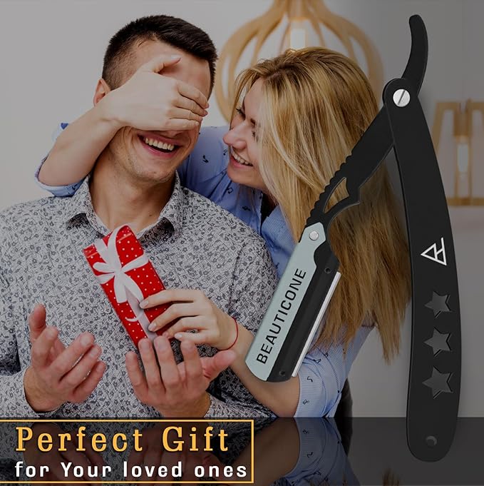 BEAUTICONE Straight Razors for Men, Straight Edge Razor, 100 Single Edge Blades, Stainless Steel, Barber Razor for Men's Shaving, Barber Shaving Knife, Swinglock