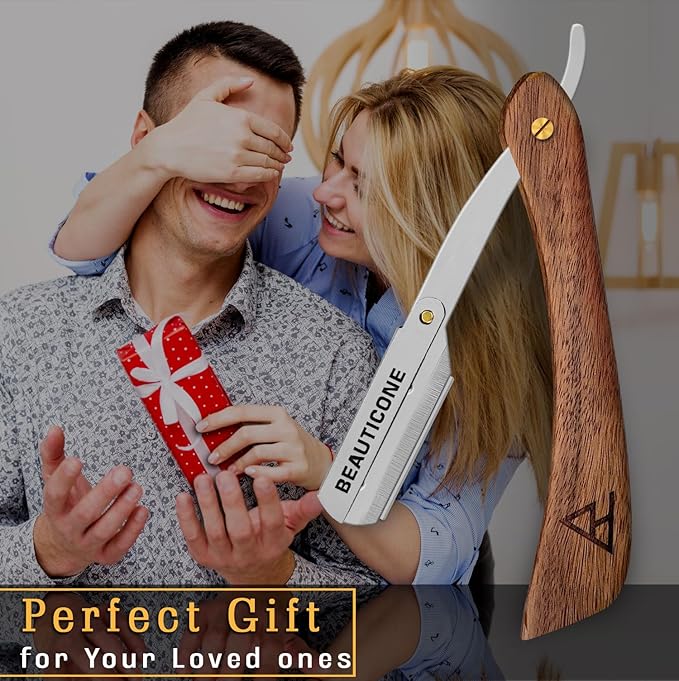BEAUTICONE Straight Razors for Men, Straight Edge Razor, Stainless Steel, Barber Razor for Men's Shaving, Barber Shaving Knife, Rose Wooden Swinglock