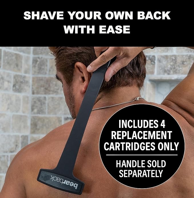 Bearback Shaver Cartridges – 4-Pack Refill Blades for Men’s Back Shaver – Triple Stainless Steel Pivoting Heads – Fits Bearback Handle & Grooming System