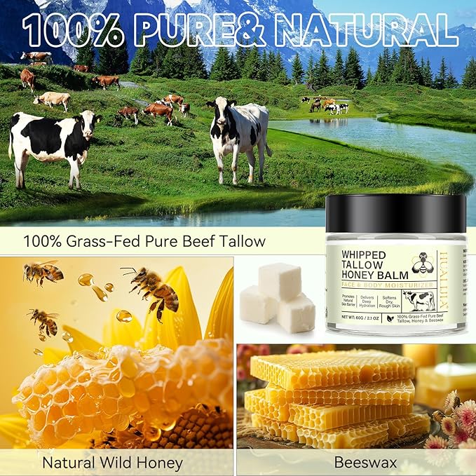 Beef Tallow for Skin, Organic Tallow and Honey Balm, Tallow Face Moisturizer, Grass Fed Whipped Beef Tallow with Honey Beeswax - Deeply Hydrates and Moisturizes Face Body, Unscent, No Greasy