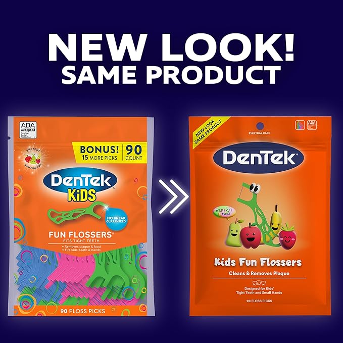 DenTek Fun Flossers – Kids Floss Picks with Wild Fruit Flavor, 90 Count (Pack of 2)