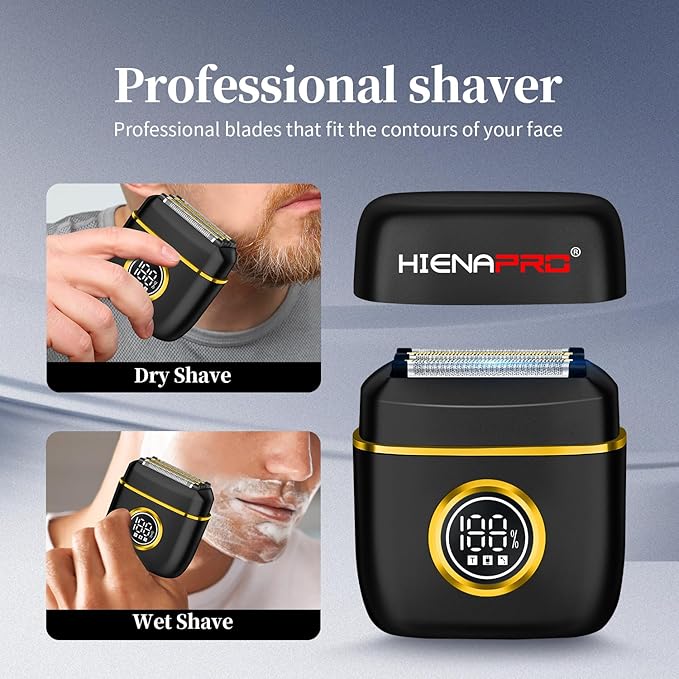 HIENA PRO Men's Electric Foil Shaver - USB-C Rechargeable, IPX7 Waterproof, Pocket-Sized with LED Display for Travel & Home (Black Gold)