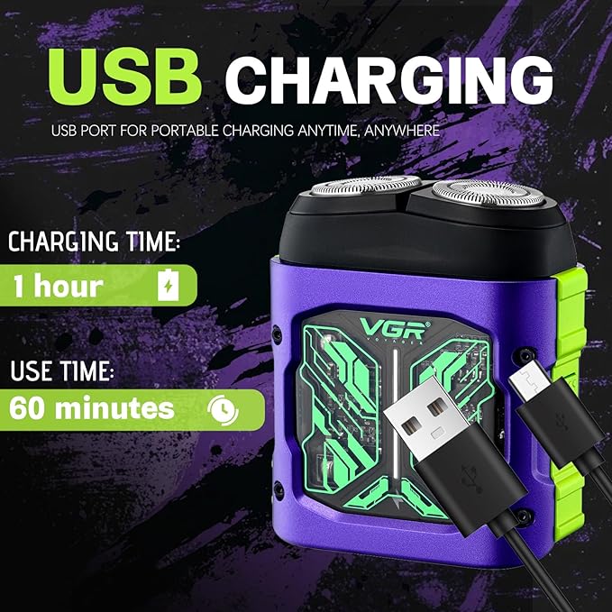 VGR 344 Mini Electric Shaver - USB Rechargeable Dual-Ring Rotary Razor, Portable IPX6 Wet/Dry Waterproof Face Shavers for Men, 8000 RPM Travel Electric Razor with Magnetic Cutter, Purple