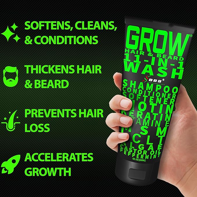Beard Wash Shampoo & Conditioner 11-in-1 – GROW Hair & Beard Growth Wash with Biotin, Castor Oil, Peppermint & Keratin – Supports Thicker Hair & Beard Growth