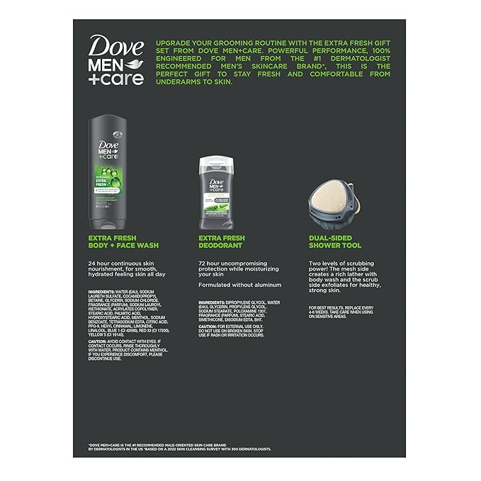 Dove Men+ Care Gift Set – Dove Face + Body Wash, Dove Antiperspirant, Refreshing Extra Fresh Scent, Dove Active Clean Dual-Sided Shower Tool, Christmas Gifts for Men (3 Piece Set)
