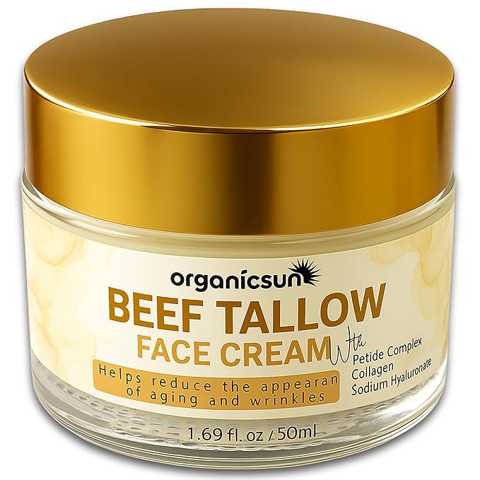 Beef Tallow Face Cream - 100% Grass Fed Anti Aging Moisturizer with Copper Peptides, Honey & Collagen for Wrinkles & Firming