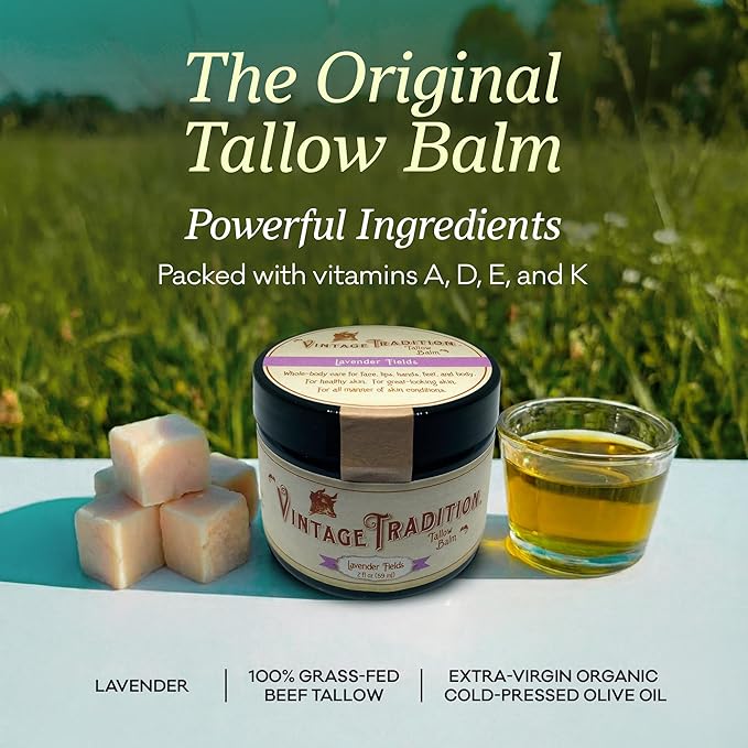 Vintage Tradition Beef Tallow All Purpose Balm - Healing, Hydrating Lavender Skin Care Salve Replaces Body Lotion, Hand Cream, More - Essential Oil, Olive Oil, and Grass-Fed Tallow, 2 fl. oz.