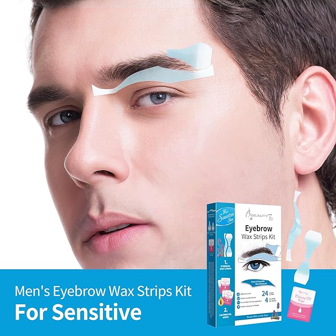 Beauty7 Sensitive Eyebrow Wax Strips, Facial Hair Removal for Men, Eyebrow Waxing Strips, 24 Strip 4 Calming Oil Wipes, Home Waxing for Men